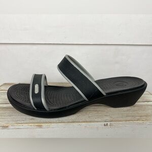 Crocs Madeira black and silver two-strap wedge design women’s size 9